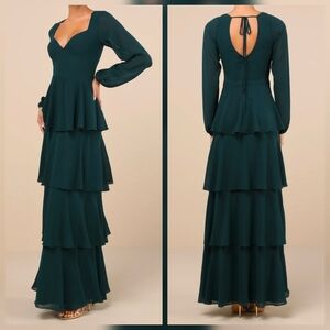Lulus Flawless Excellence Emerald Tiered Long Sleeve Maxi Dress, Size Medium